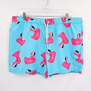 Asos Swim Shorts 2XL Blue Pink Flamingo Print Unlined Pockets Elastic Waist Tie
